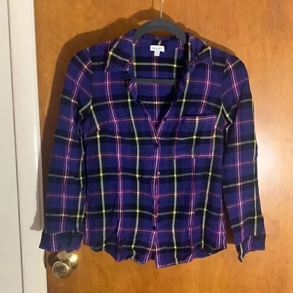 splendid EUC royal blue with pink and yellow plaid button down shirt. Size XS